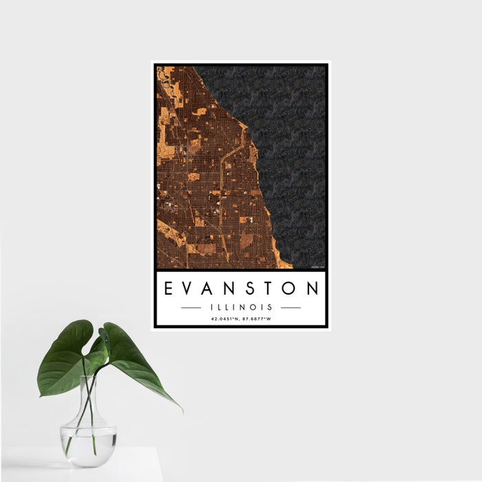 16x24 Evanston Illinois Map Print Portrait Orientation in Ember Style With Tropical Plant Leaves in Water