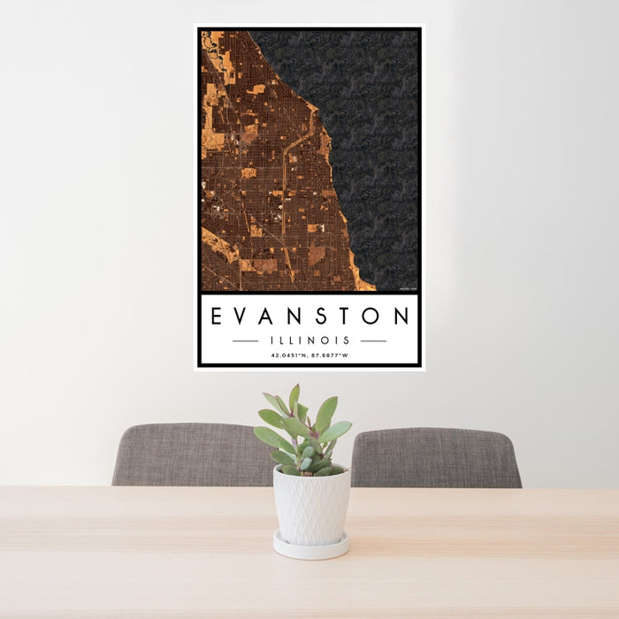 24x36 Evanston Illinois Map Print Portrait Orientation in Ember Style Behind 2 Chairs Table and Potted Plant