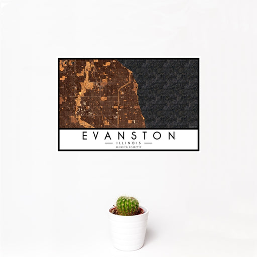 12x18 Evanston Illinois Map Print Landscape Orientation in Ember Style With Small Cactus Plant in White Planter