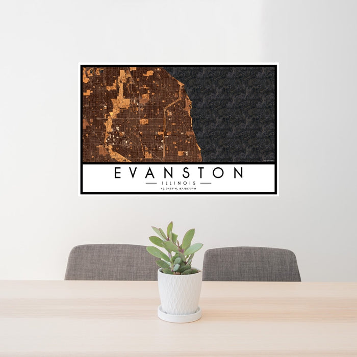 24x36 Evanston Illinois Map Print Landscape Orientation in Ember Style Behind 2 Chairs Table and Potted Plant