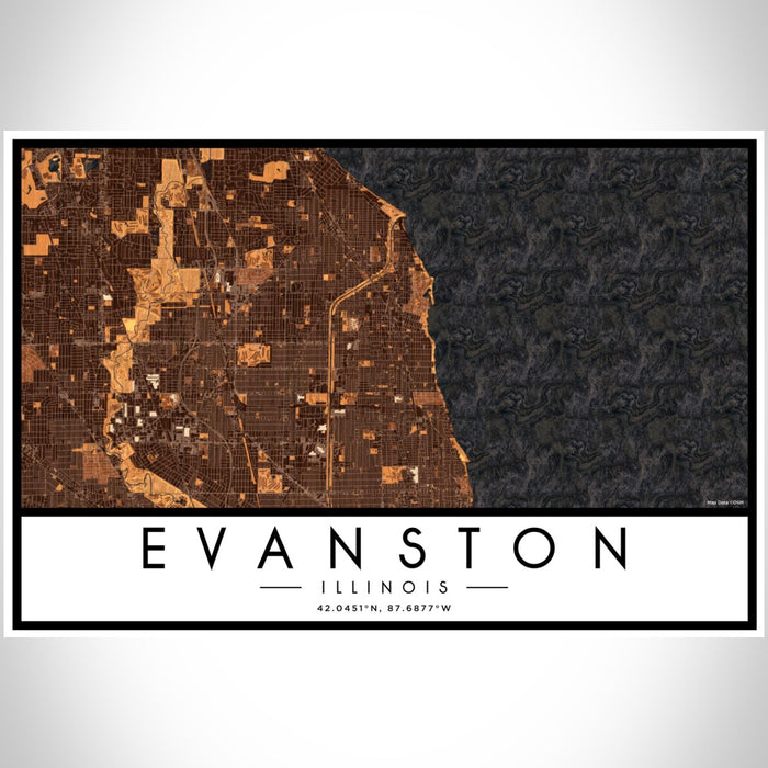 Evanston Illinois Map Print Landscape Orientation in Ember Style With Shaded Background