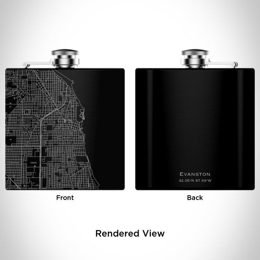 Rendered View of Evanston Illinois Map Engraving on 6oz Stainless Steel Flask in Black