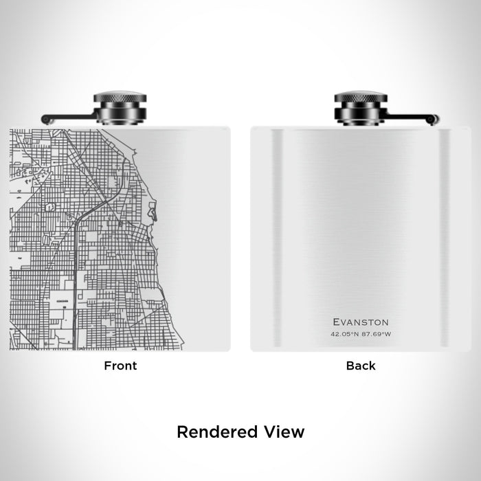Rendered View of Evanston Illinois Map Engraving on 6oz Stainless Steel Flask in White