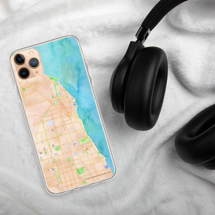 Custom Evanston Illinois Map Phone Case in Watercolor on Table with Black Headphones