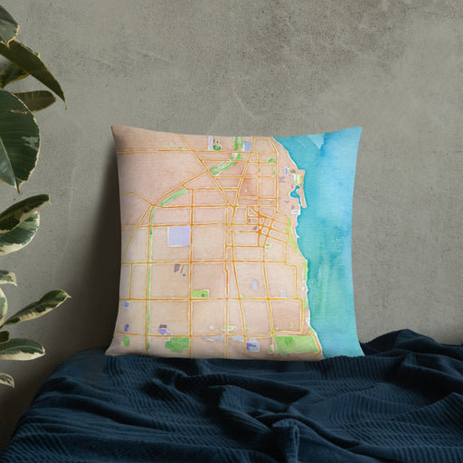 Custom Evanston Illinois Map Throw Pillow in Watercolor on Bedding Against Wall