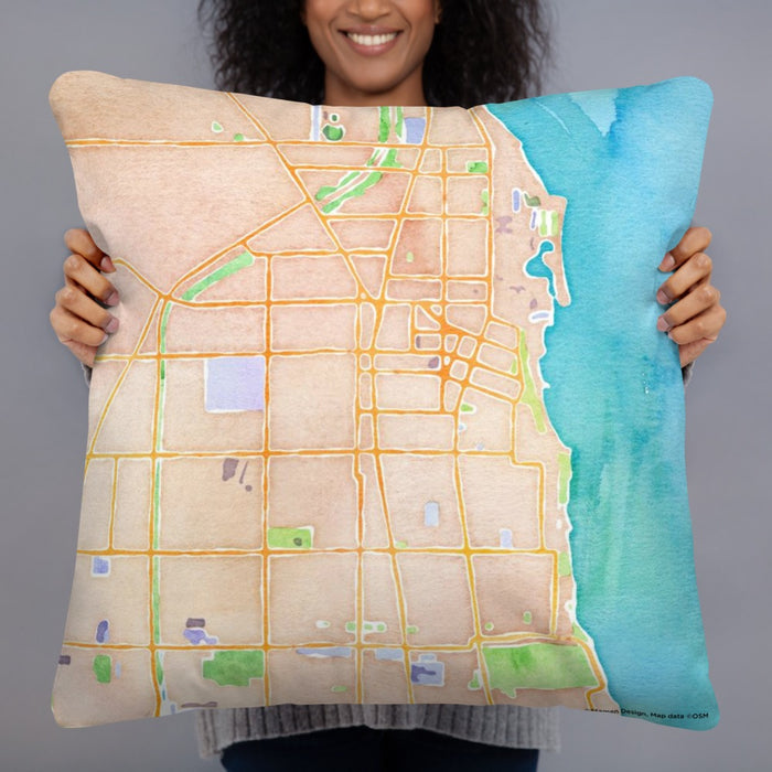 Person holding 22x22 Custom Evanston Illinois Map Throw Pillow in Watercolor