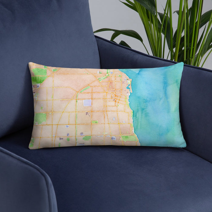 Custom Evanston Illinois Map Throw Pillow in Watercolor on Blue Colored Chair