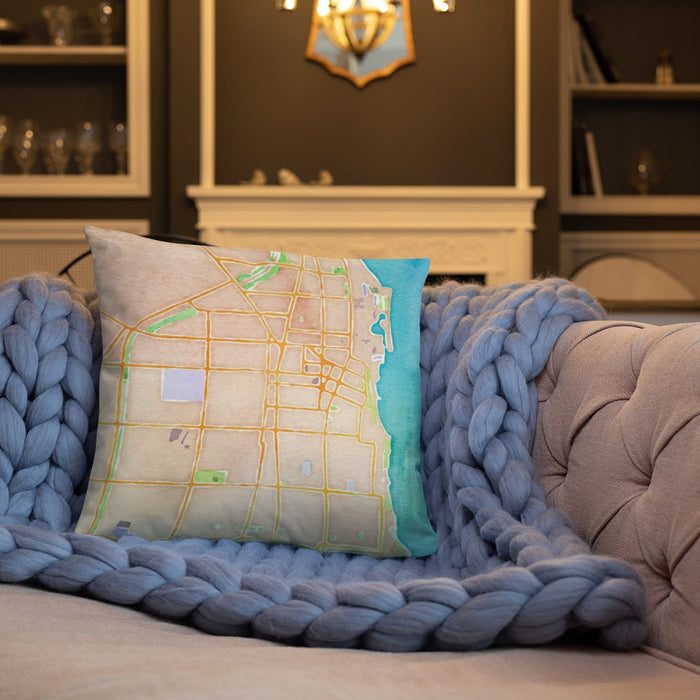 Custom Evanston Illinois Map Throw Pillow in Watercolor on Cream Colored Couch