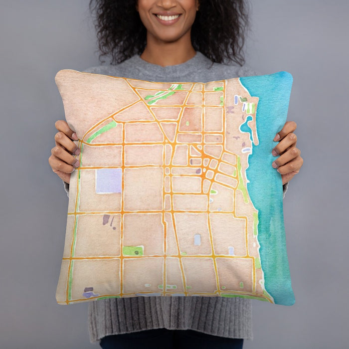 Person holding 18x18 Custom Evanston Illinois Map Throw Pillow in Watercolor