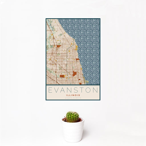 12x18 Evanston Illinois Map Print Portrait Orientation in Woodblock Style With Small Cactus Plant in White Planter