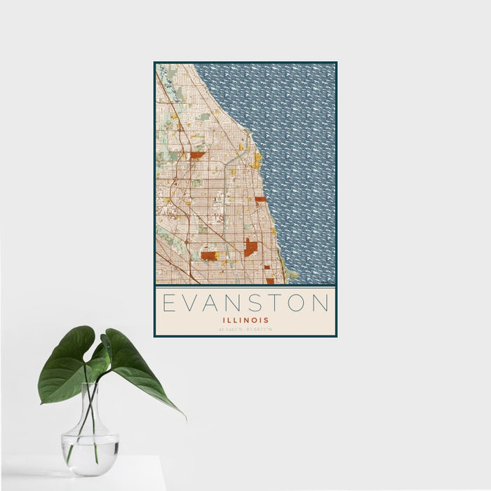 16x24 Evanston Illinois Map Print Portrait Orientation in Woodblock Style With Tropical Plant Leaves in Water