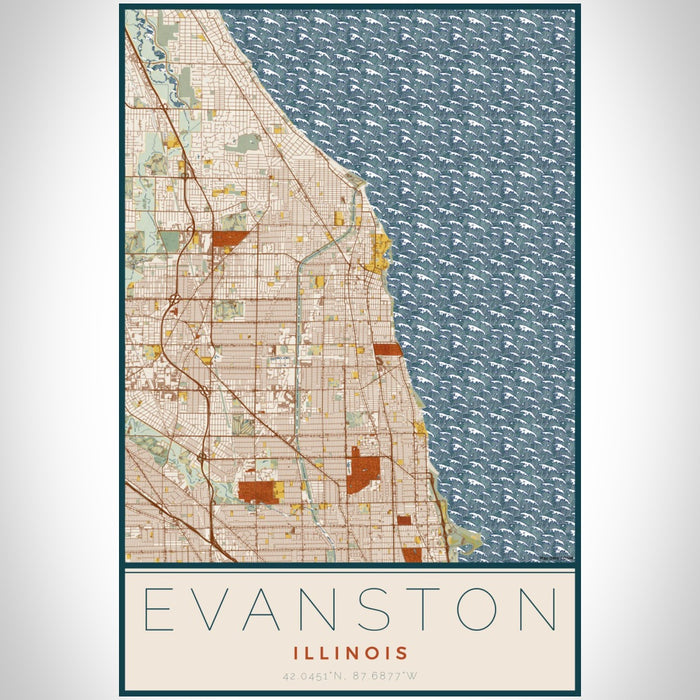 Evanston Illinois Map Print Portrait Orientation in Woodblock Style With Shaded Background