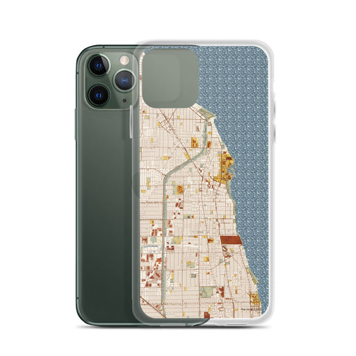 Custom Evanston Illinois Map Phone Case in Woodblock on Table with Laptop and Plant