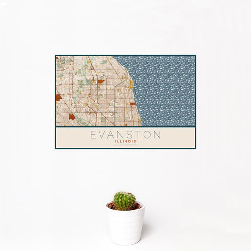 12x18 Evanston Illinois Map Print Landscape Orientation in Woodblock Style With Small Cactus Plant in White Planter
