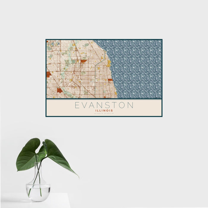 16x24 Evanston Illinois Map Print Landscape Orientation in Woodblock Style With Tropical Plant Leaves in Water