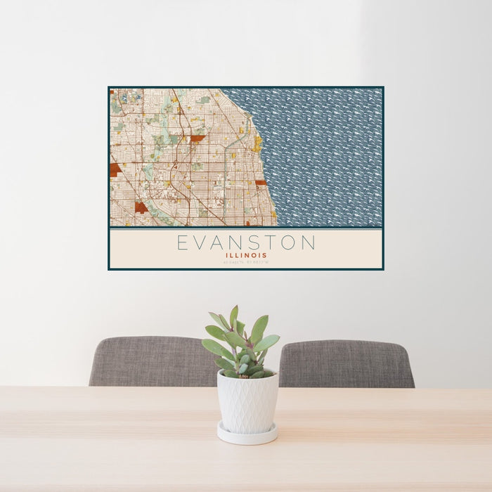 24x36 Evanston Illinois Map Print Landscape Orientation in Woodblock Style Behind 2 Chairs Table and Potted Plant