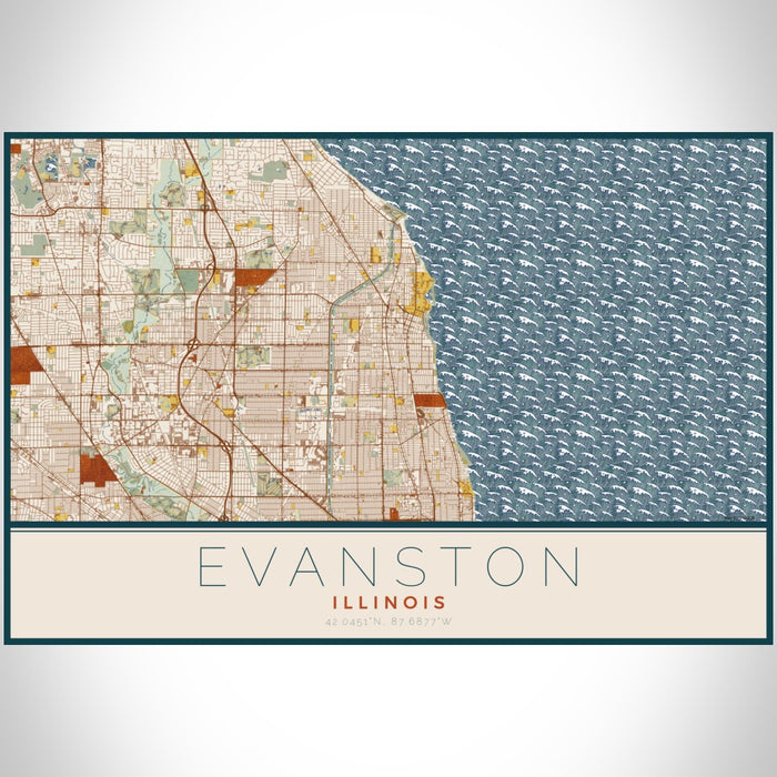 Evanston Illinois Map Print Landscape Orientation in Woodblock Style With Shaded Background
