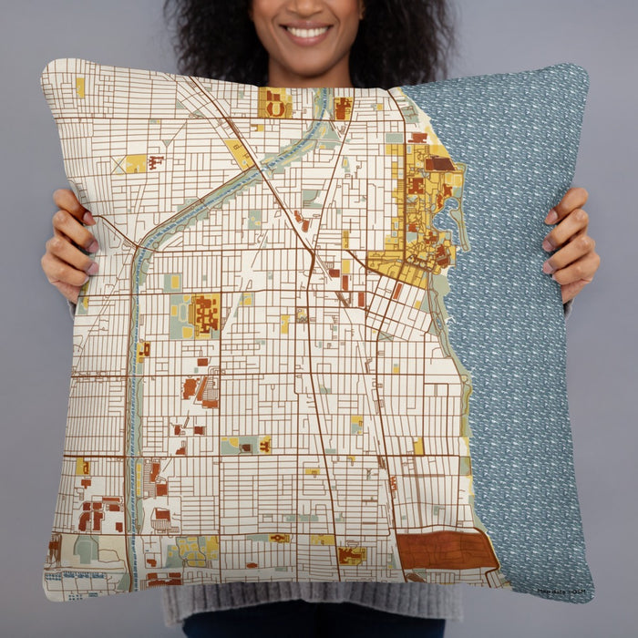 Person holding 22x22 Custom Evanston Illinois Map Throw Pillow in Woodblock
