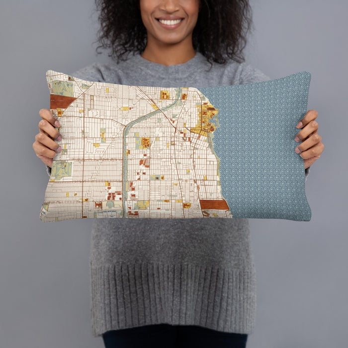 Person holding 20x12 Custom Evanston Illinois Map Throw Pillow in Woodblock