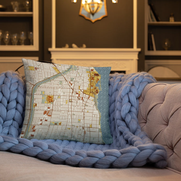 Custom Evanston Illinois Map Throw Pillow in Woodblock on Cream Colored Couch