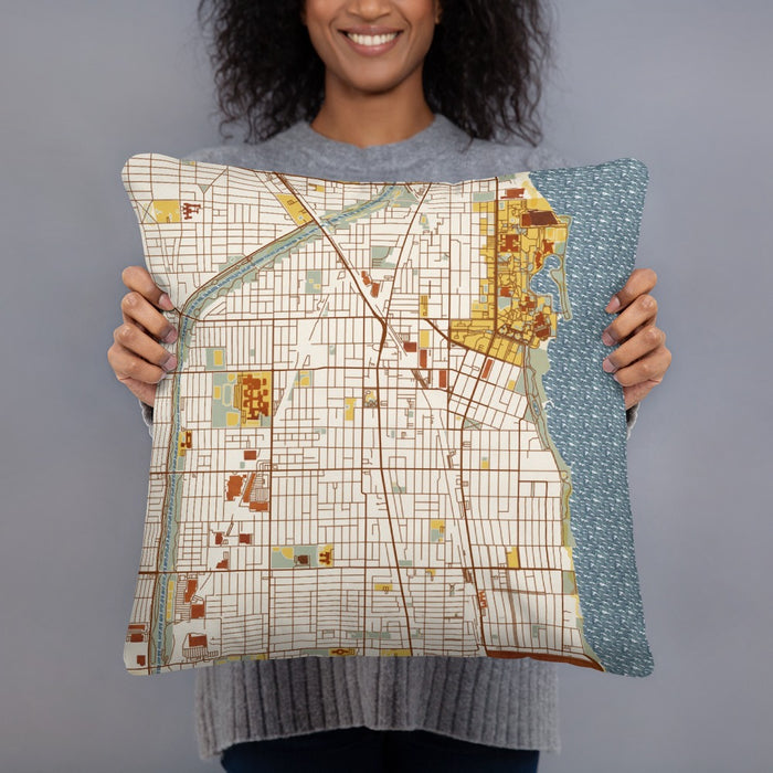 Person holding 18x18 Custom Evanston Illinois Map Throw Pillow in Woodblock