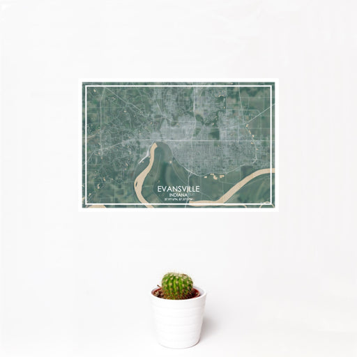 12x18 Evansville Indiana Map Print Landscape Orientation in Afternoon Style With Small Cactus Plant in White Planter