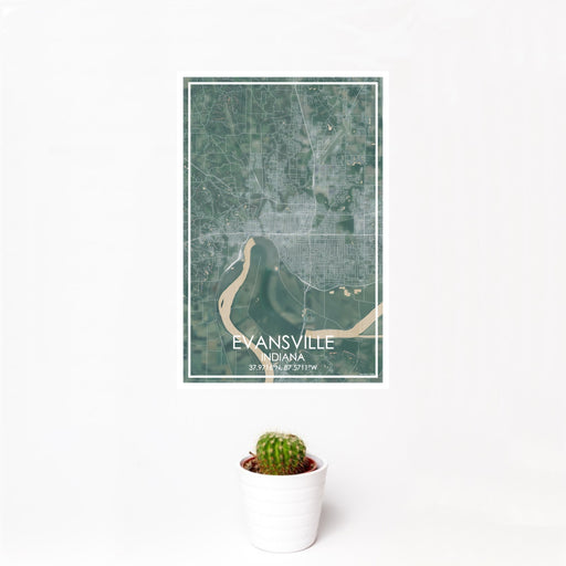 12x18 Evansville Indiana Map Print Portrait Orientation in Afternoon Style With Small Cactus Plant in White Planter