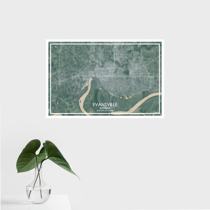 16x24 Evansville Indiana Map Print Landscape Orientation in Afternoon Style With Tropical Plant Leaves in Water