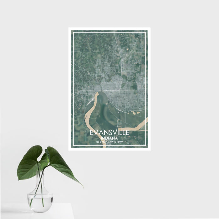 16x24 Evansville Indiana Map Print Portrait Orientation in Afternoon Style With Tropical Plant Leaves in Water