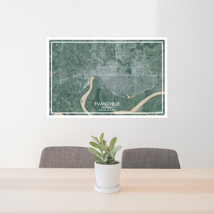 24x36 Evansville Indiana Map Print Lanscape Orientation in Afternoon Style Behind 2 Chairs Table and Potted Plant