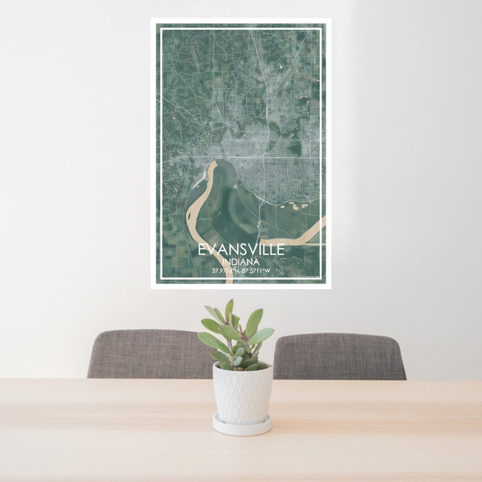 24x36 Evansville Indiana Map Print Portrait Orientation in Afternoon Style Behind 2 Chairs Table and Potted Plant