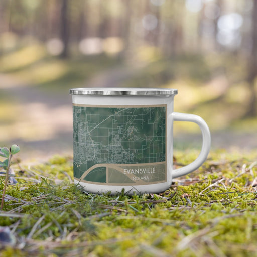 Right View Custom Evansville Indiana Map Enamel Mug in Afternoon on Grass With Trees in Background