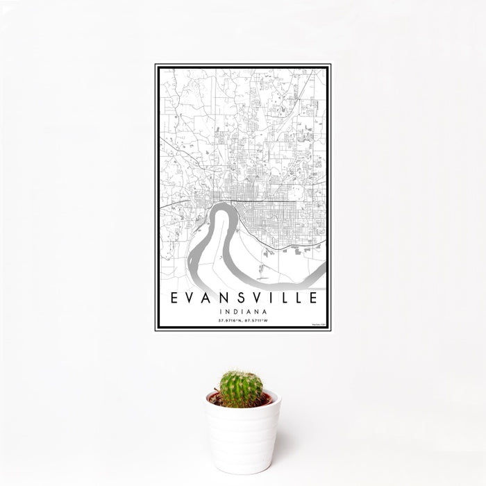 12x18 Evansville Indiana Map Print Portrait Orientation in Classic Style With Small Cactus Plant in White Planter