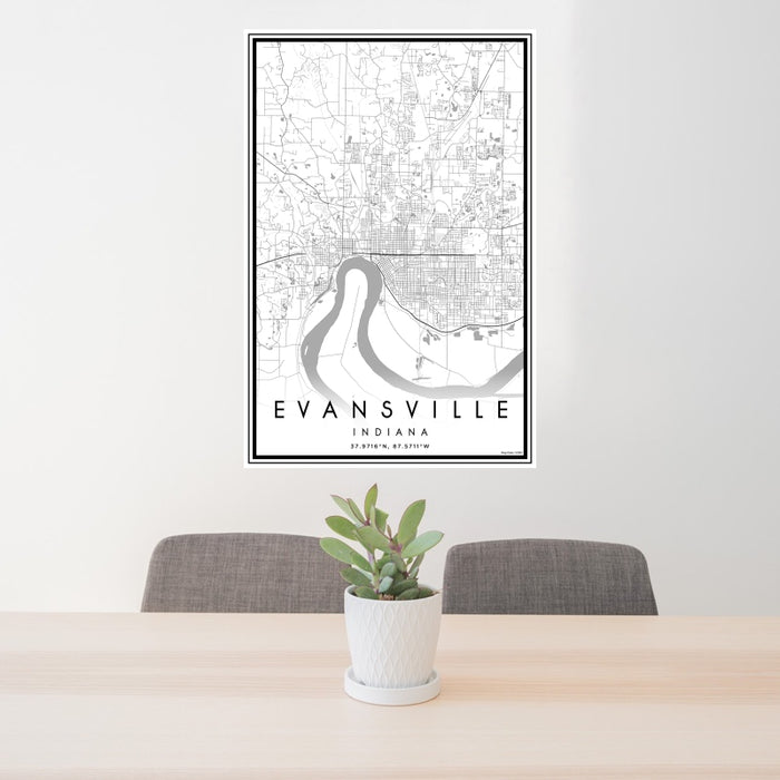 24x36 Evansville Indiana Map Print Portrait Orientation in Classic Style Behind 2 Chairs Table and Potted Plant