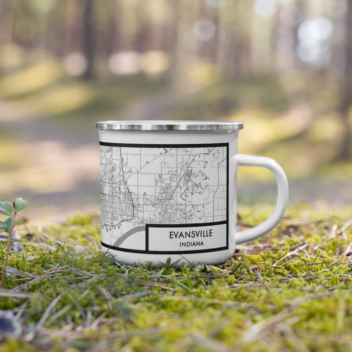 Right View Custom Evansville Indiana Map Enamel Mug in Classic on Grass With Trees in Background