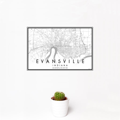 12x18 Evansville Indiana Map Print Landscape Orientation in Classic Style With Small Cactus Plant in White Planter