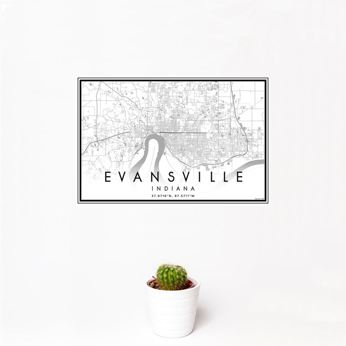 12x18 Evansville Indiana Map Print Landscape Orientation in Classic Style With Small Cactus Plant in White Planter