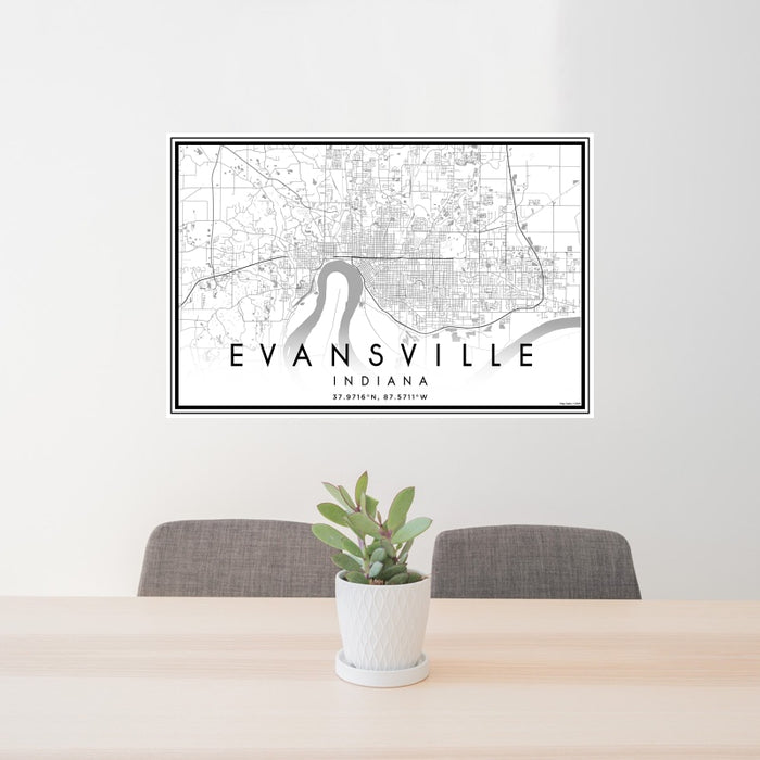 24x36 Evansville Indiana Map Print Landscape Orientation in Classic Style Behind 2 Chairs Table and Potted Plant