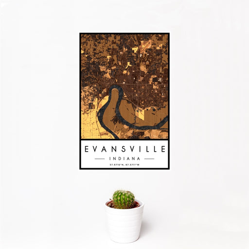 12x18 Evansville Indiana Map Print Portrait Orientation in Ember Style With Small Cactus Plant in White Planter