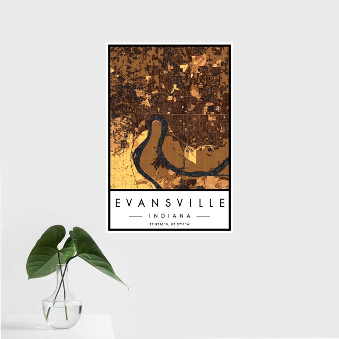 16x24 Evansville Indiana Map Print Portrait Orientation in Ember Style With Tropical Plant Leaves in Water