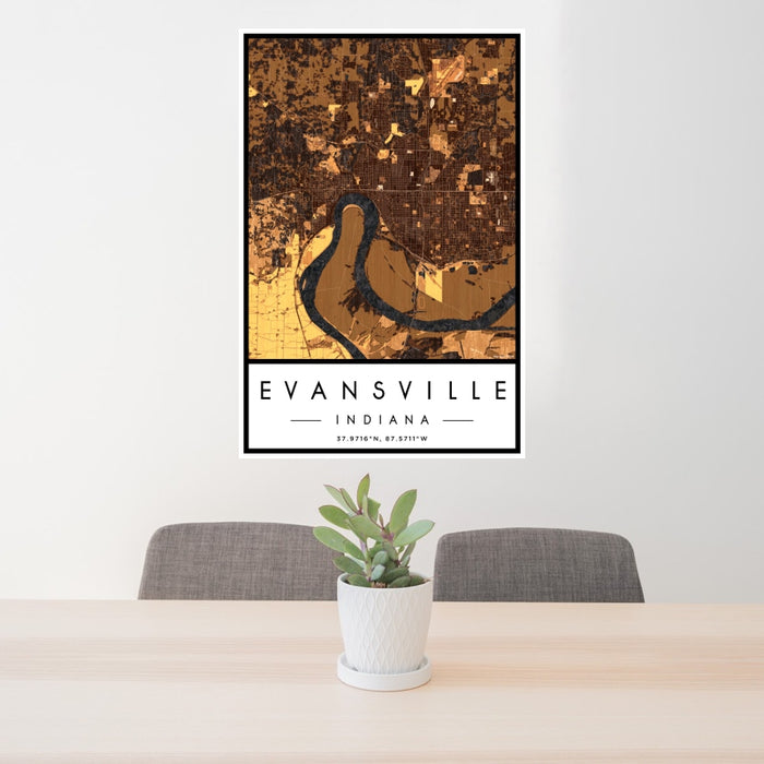 24x36 Evansville Indiana Map Print Portrait Orientation in Ember Style Behind 2 Chairs Table and Potted Plant