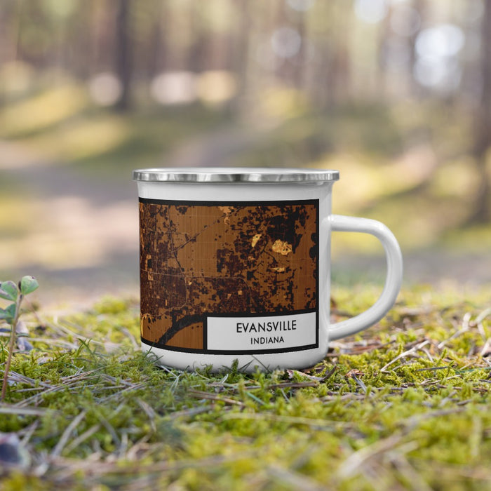 Right View Custom Evansville Indiana Map Enamel Mug in Ember on Grass With Trees in Background