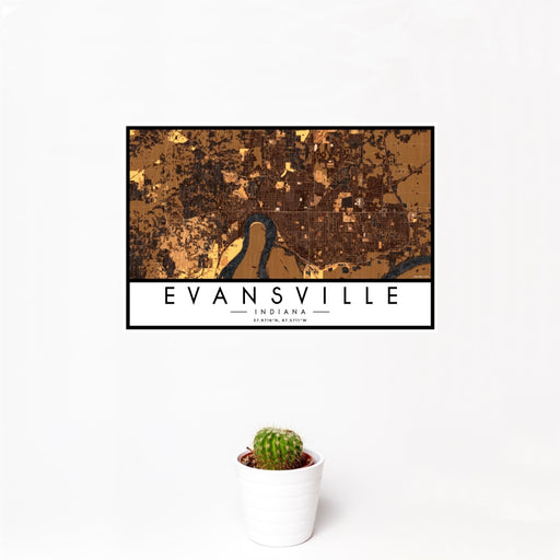 12x18 Evansville Indiana Map Print Landscape Orientation in Ember Style With Small Cactus Plant in White Planter