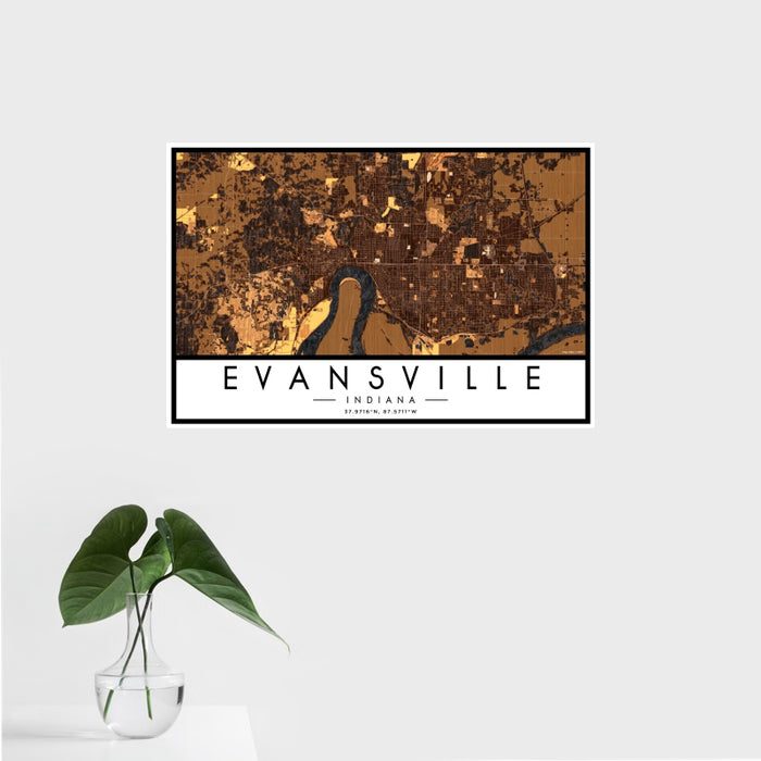 16x24 Evansville Indiana Map Print Landscape Orientation in Ember Style With Tropical Plant Leaves in Water