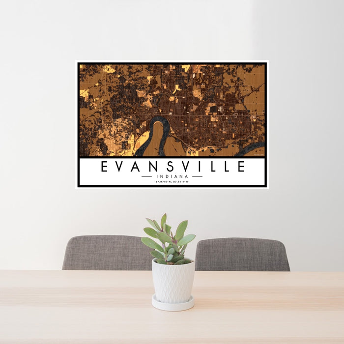 24x36 Evansville Indiana Map Print Landscape Orientation in Ember Style Behind 2 Chairs Table and Potted Plant