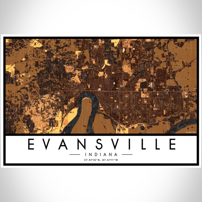 Evansville Indiana Map Print Landscape Orientation in Ember Style With Shaded Background