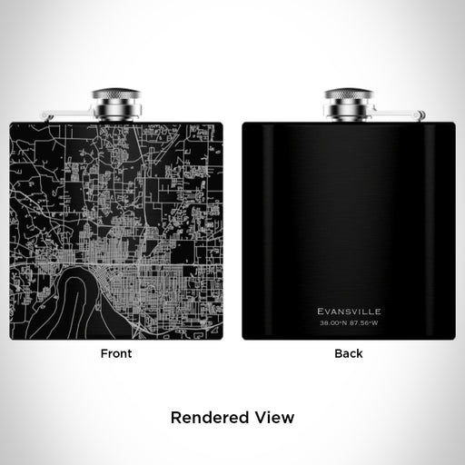 Rendered View of Evansville Indiana Map Engraving on 6oz Stainless Steel Flask in Black