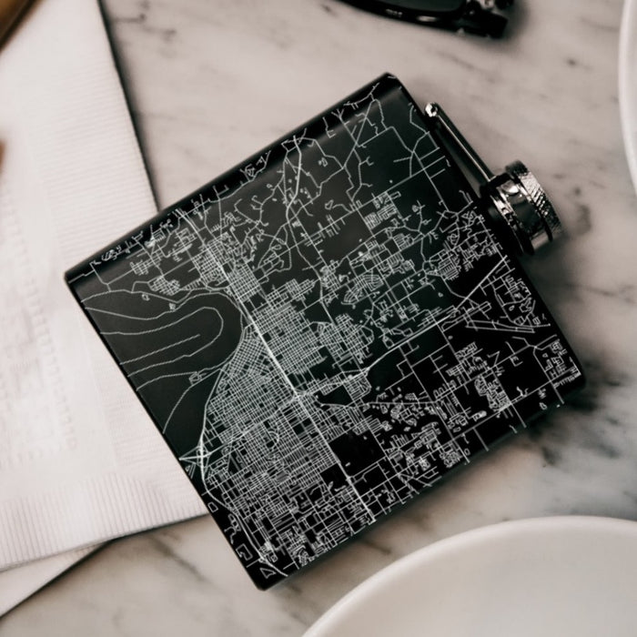Evansville Indiana Custom Engraved City Map Inscription Coordinates on 6oz Stainless Steel Flask in Black