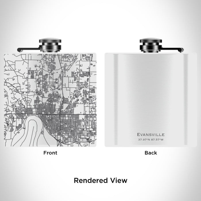 Rendered View of Evansville Indiana Map Engraving on 6oz Stainless Steel Flask in White