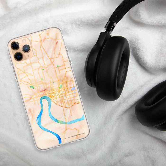 Custom Evansville Indiana Map Phone Case in Watercolor on Table with Black Headphones